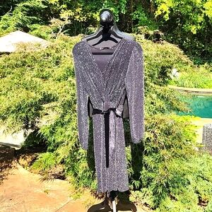 Fraiche Black V Neck Glitter Dress Long Sleeve With Tie Belt EUC Medium